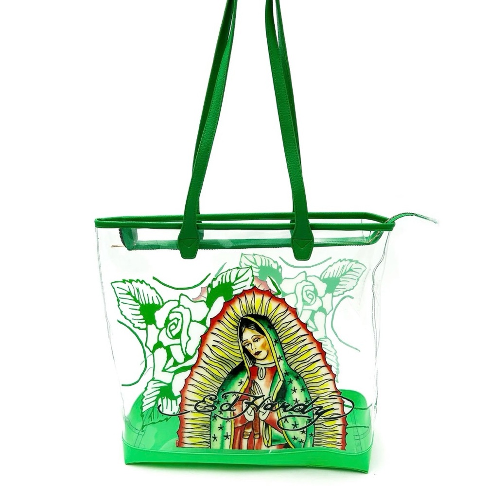 Ed Hardy Green Artistic Tote with Religious Design